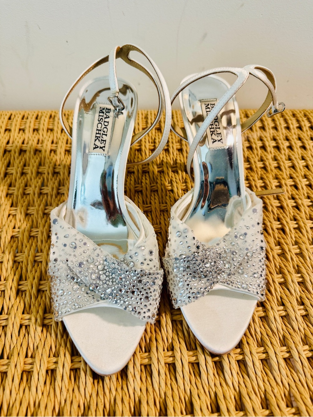 Badgley Mischka Ivory Satin Crystal Bow Heels